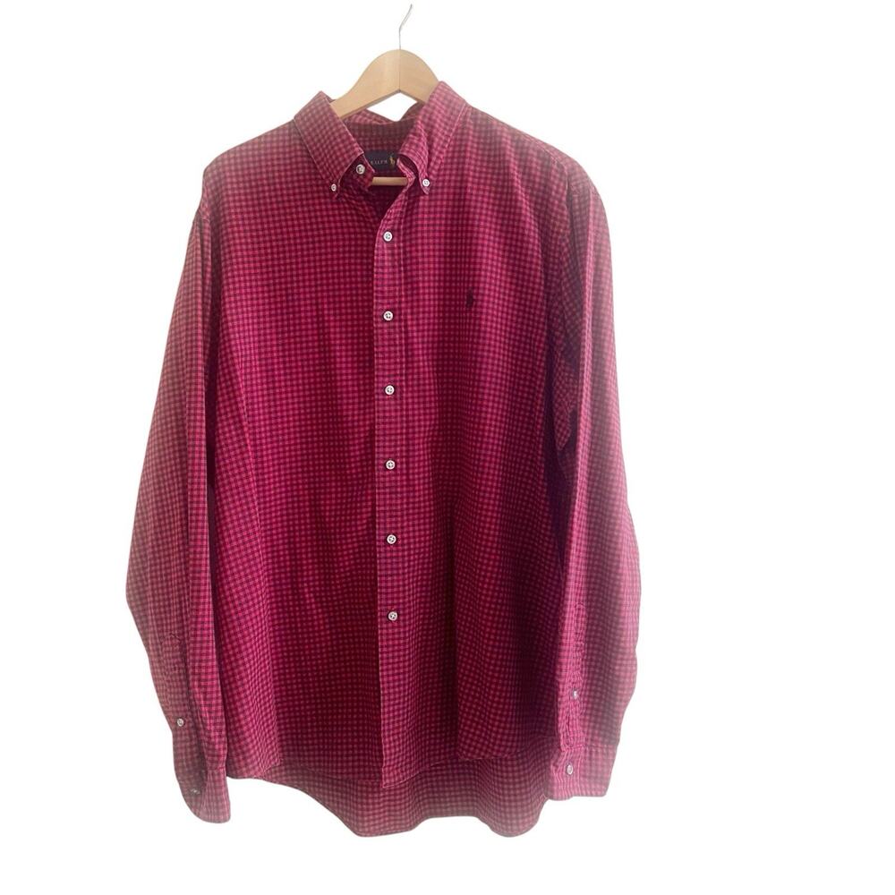 Polo Ralph Lauren Button Down Gingham Check Shirt Red Black Brush Flannel